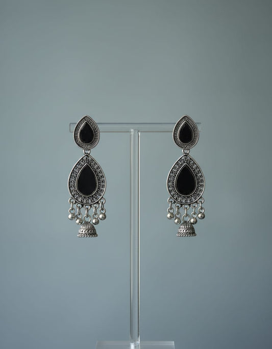 Elegant Teardrop Black Enamel & Oxidised Silver Earrings - Kala Jewels