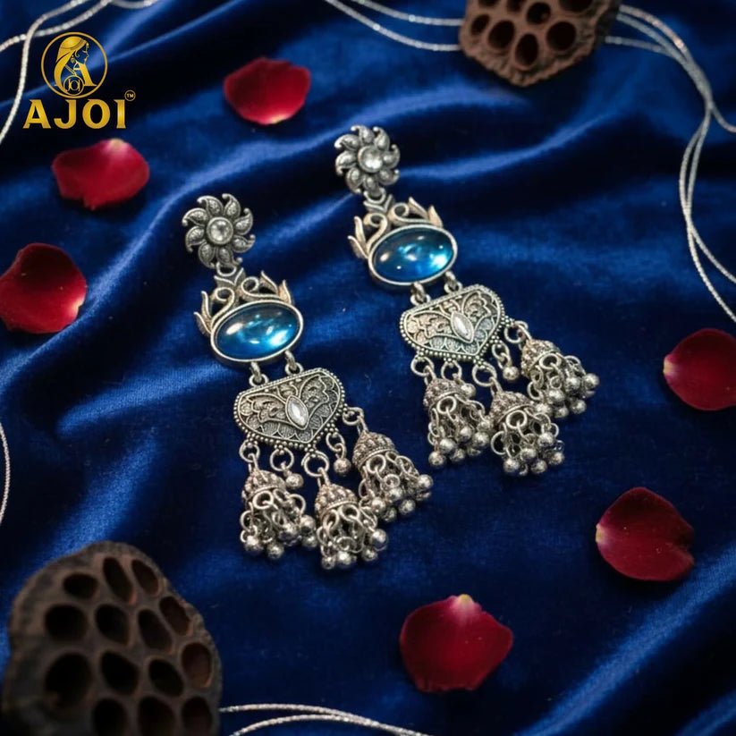 Handcrafted Oxidized Silver Turquoise Stone Jhumka Earrings with Intricate Filigree Work and Multi - Drop Danglers - Kala Jewels