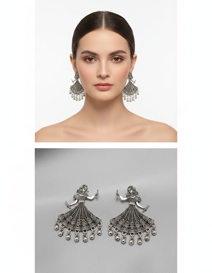 Oxidised Silver Dancing Doll Jhumka Earings - Kala Jewels