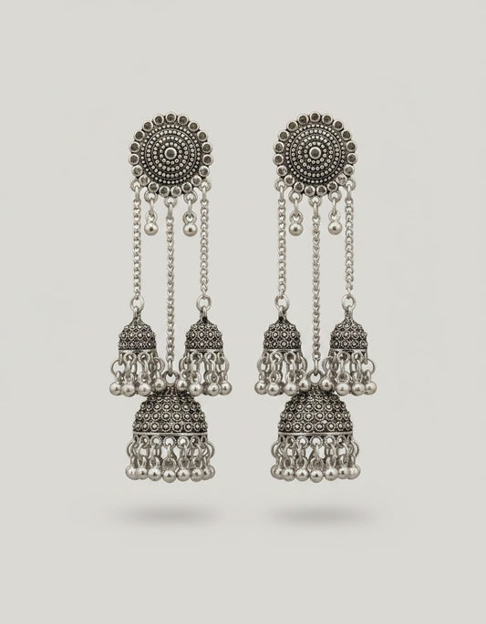 Oxidised Silver Multi - Layer Jhumka Earrings - Kala Jewels