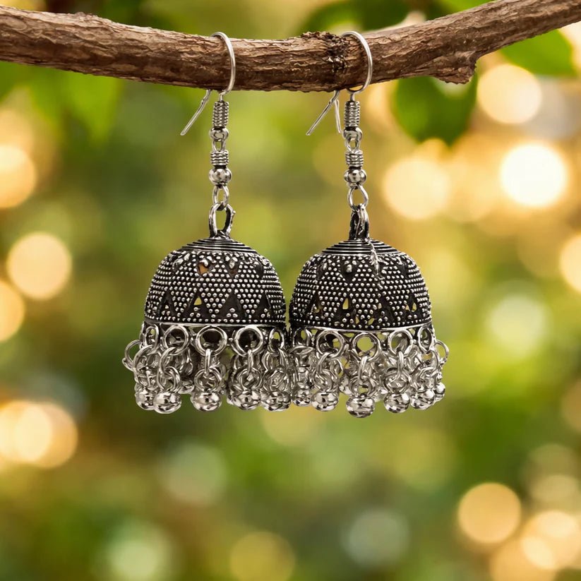 Classic Oxidised Silver Dome Jhumka Earrings - Kala Jewels