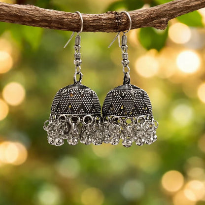Classic Oxidised Silver Dome Jhumka Earrings - Kala Jewels