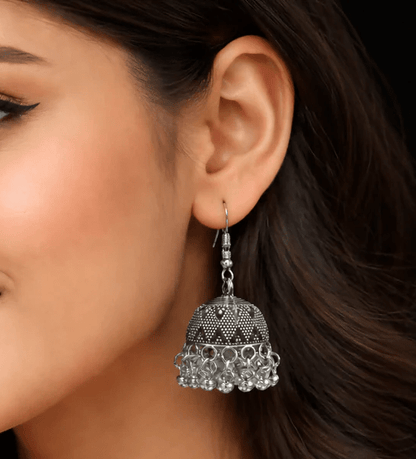 Classic Oxidised Silver Dome Jhumka Earrings - Kala Jewels
