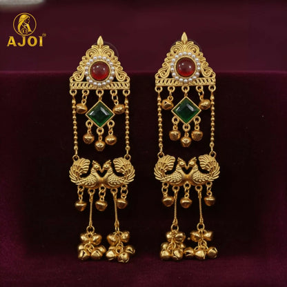 Royal Kashmiri Peacock Jhumka Earrings with Red & Green Stone