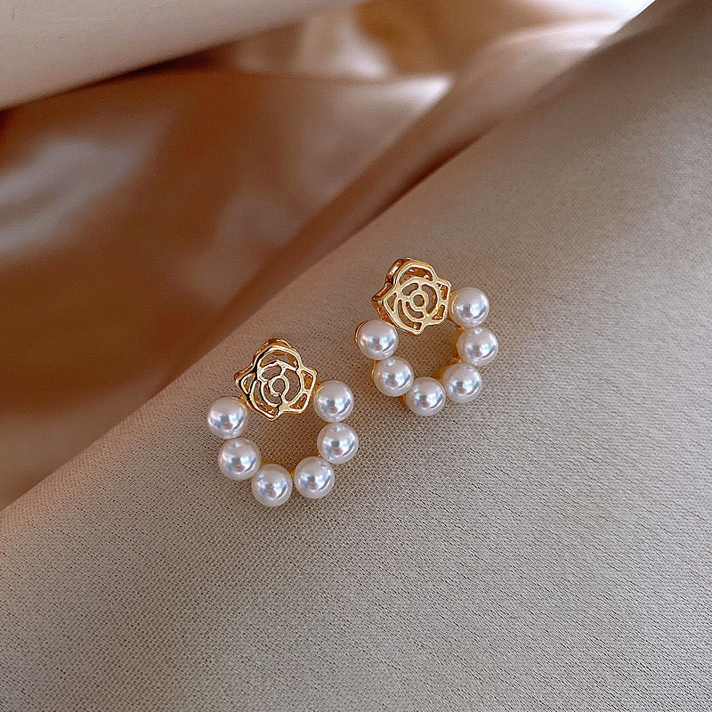 Elegant Gold Floral Pearl Hoop Earrings - Kala Jewels