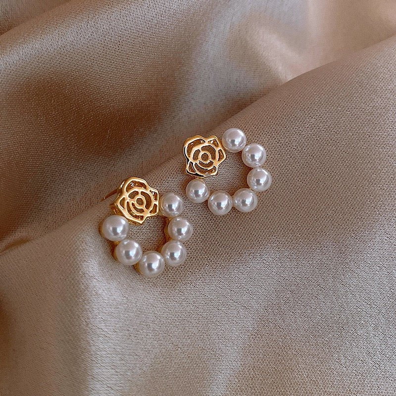 Elegant Gold Floral Pearl Hoop Earrings - Kala Jewels