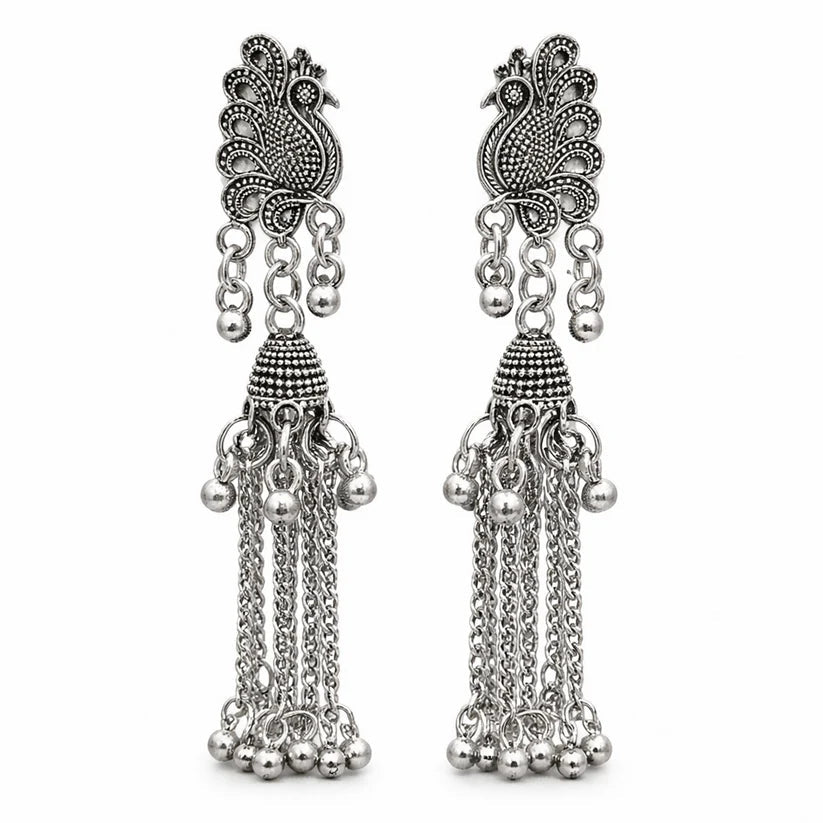 Elegant Oxidised Peacock Long chain Jhumka Earrings - Kala Jewels