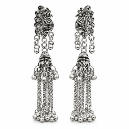 Elegant Oxidised Peacock Long chain Jhumka Earrings - Kala Jewels