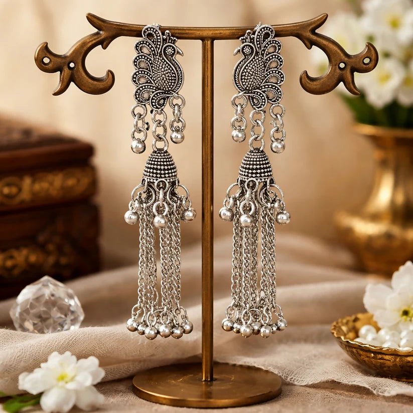 Elegant Oxidised Peacock Long chain Jhumka Earrings - Kala Jewels