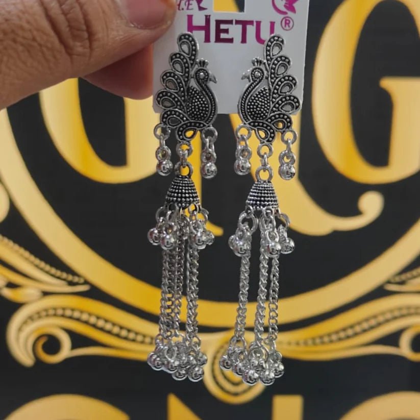 Elegant Oxidised Peacock Long chain Jhumka Earrings - Kala Jewels