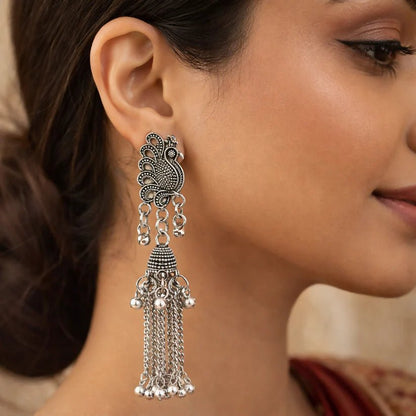 Elegant Oxidised Peacock Long chain Jhumka Earrings - Kala Jewels