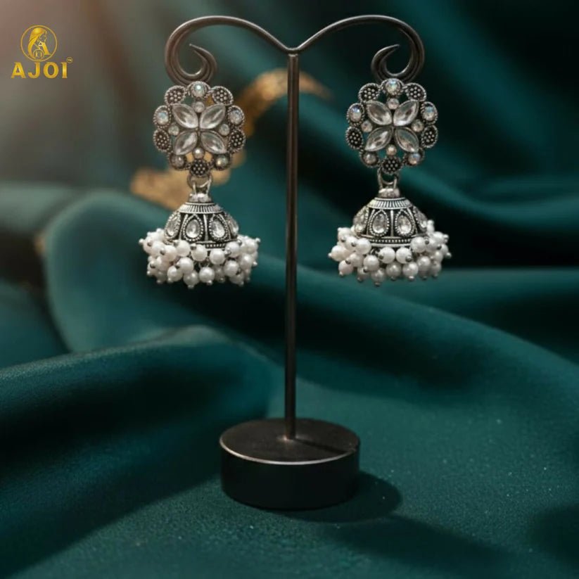 Elegant Silver Oxidized Floral Jhumka Earrings with Pearl Drops - Kala Jewels