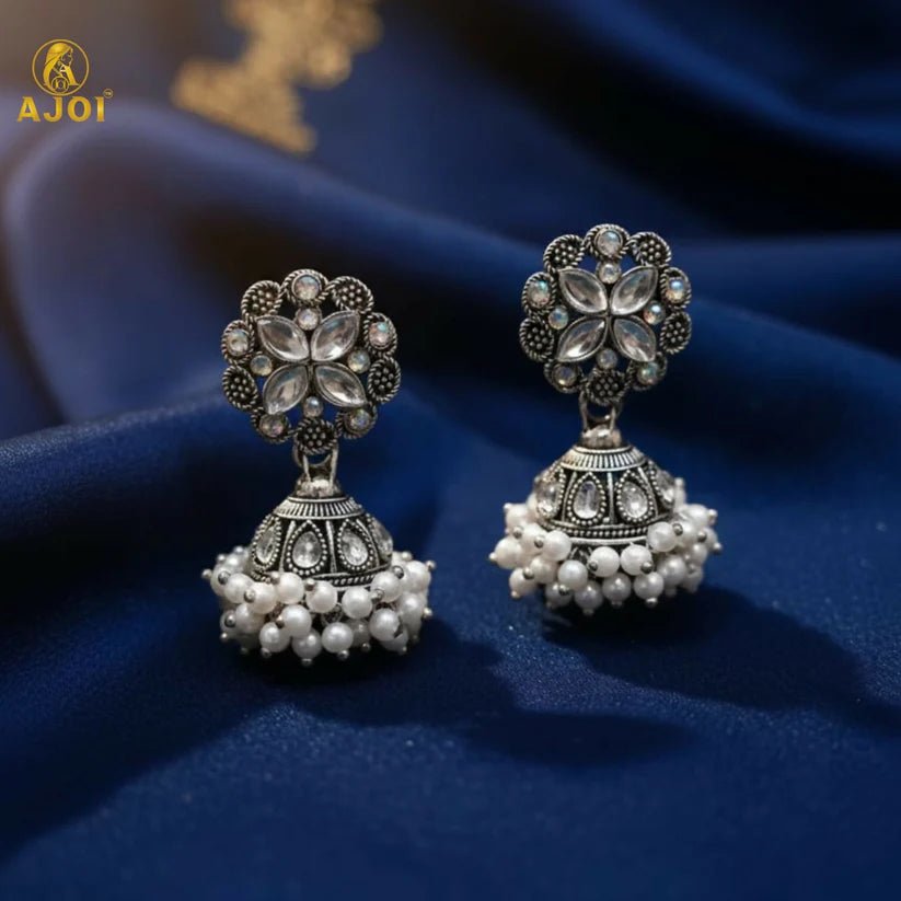 Elegant Silver Oxidized Floral Jhumka Earrings with Pearl Drops - Kala Jewels