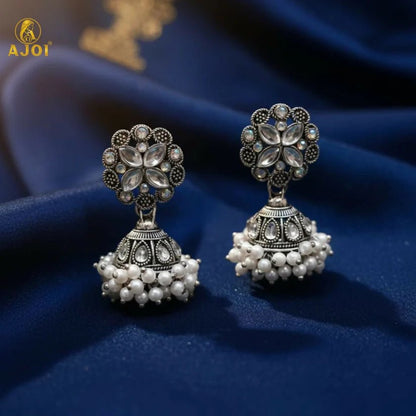 Elegant Silver Oxidized Floral Jhumka Earrings with Pearl Drops - Kala Jewels