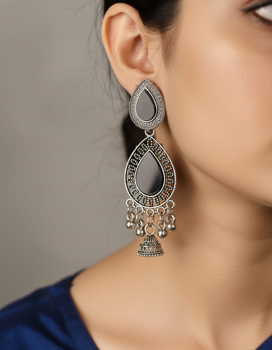 Elegant Teardrop Black Enamel & Oxidised Silver Earrings - Kala Jewels