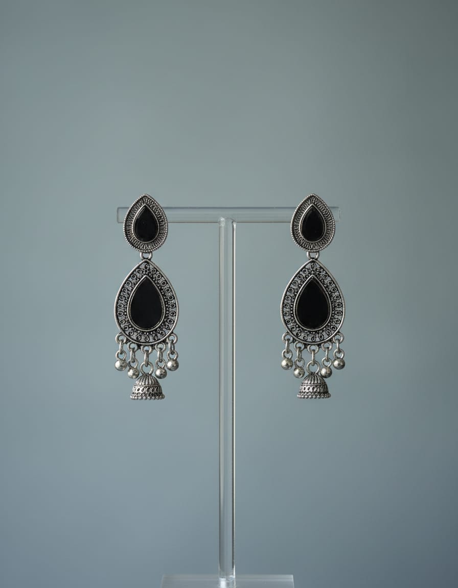 Elegant Teardrop Black Enamel & Oxidised Silver Earrings - Kala Jewels