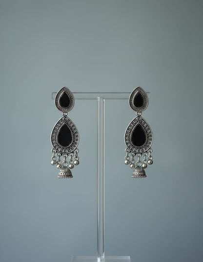 Elegant Teardrop Black Enamel & Oxidised Silver Earrings - Kala Jewels