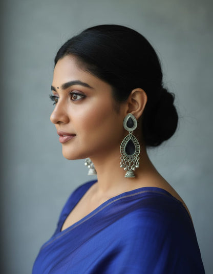Elegant Teardrop Black Enamel & Oxidised Silver Earrings - Kala Jewels