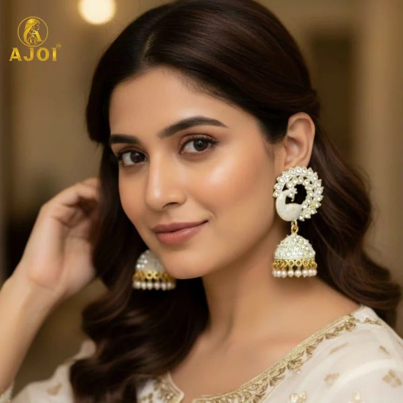 Elegant White Stone Pearl Jhumka Earrings - Kala Jewels