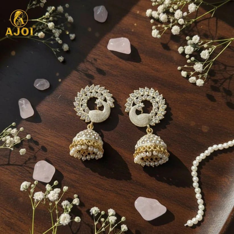Elegant White Stone Pearl Jhumka Earrings - Kala Jewels