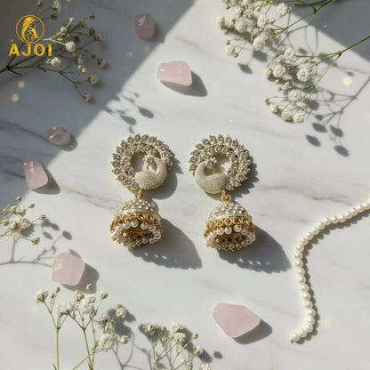 Elegant White Stone Pearl Jhumka Earrings - Kala Jewels