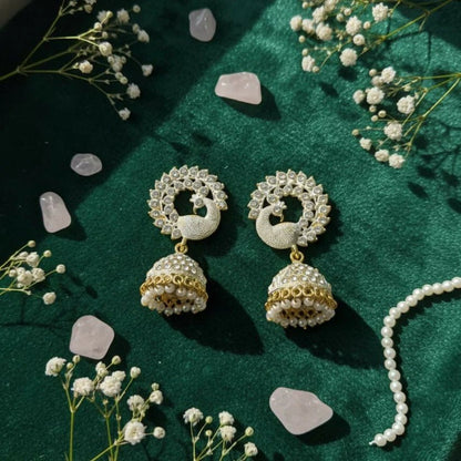 Elegant White Stone Pearl Jhumka Earrings - Kala Jewels