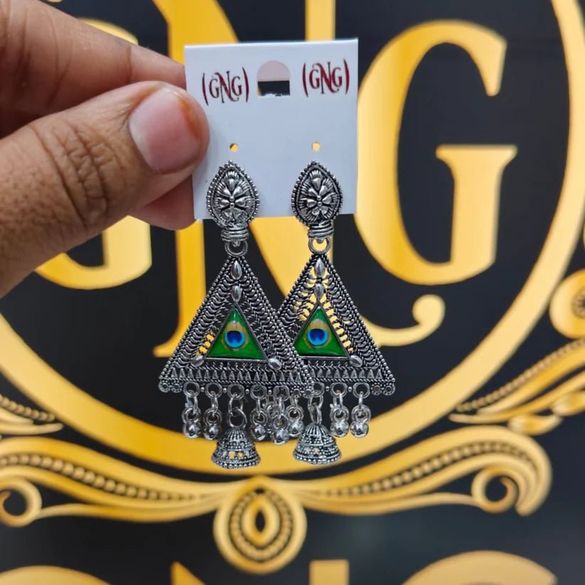 Exquisite Peacock Motif Triangular Jhumka Earrings - Kala Jewels
