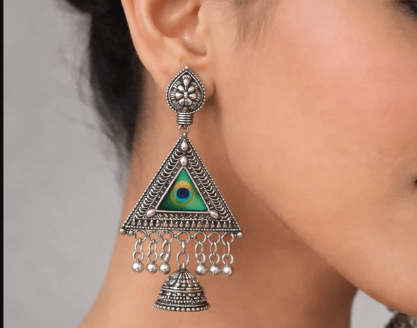 Exquisite Peacock Motif Triangular Jhumka Earrings - Kala Jewels