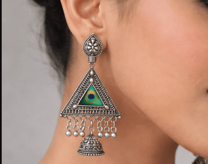 Exquisite Peacock Motif Triangular Jhumka Earrings - Kala Jewels