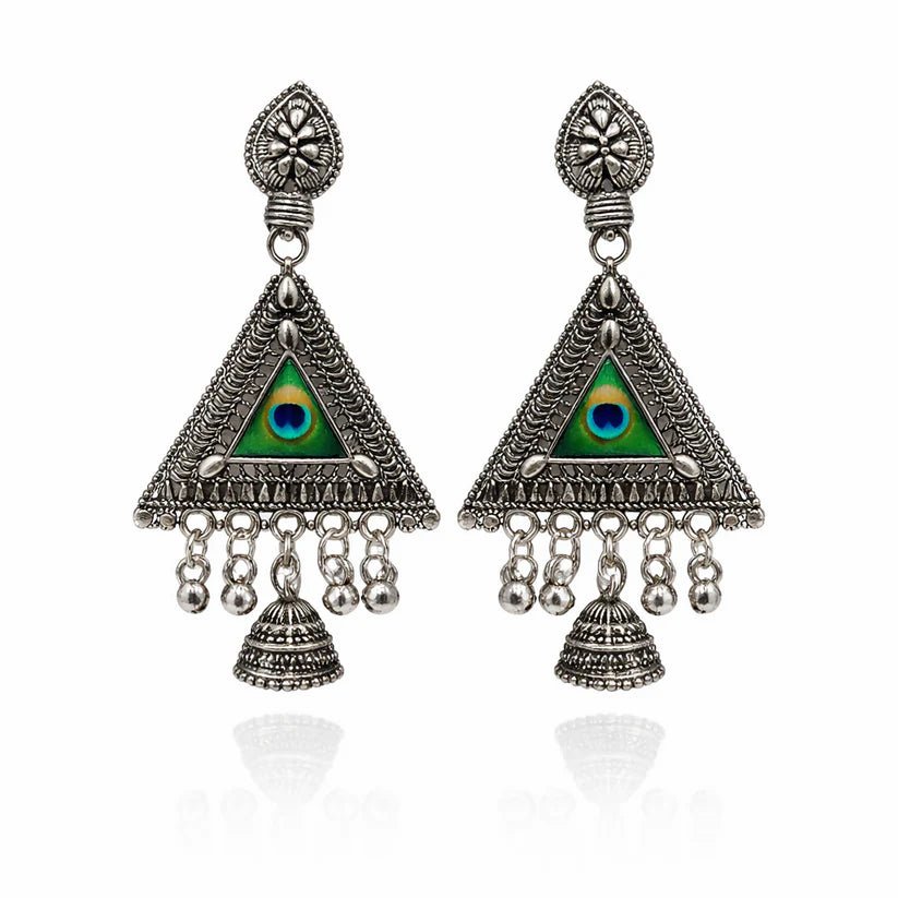 Exquisite Peacock Motif Triangular Jhumka Earrings - Kala Jewels