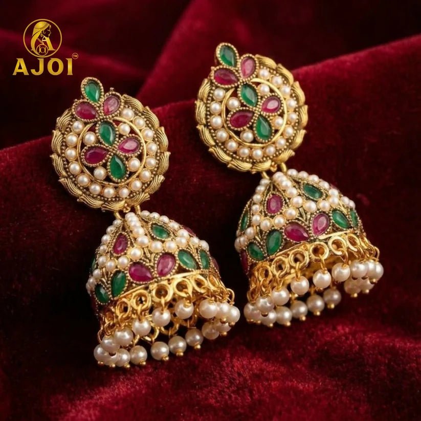 Exquisite Traditional Kundan Jhumka Earrings with Ruby & Emerald Stones, Handcrafted Gold - Tone Pearl Drop Bridal Jewellery - Kala Jewels
