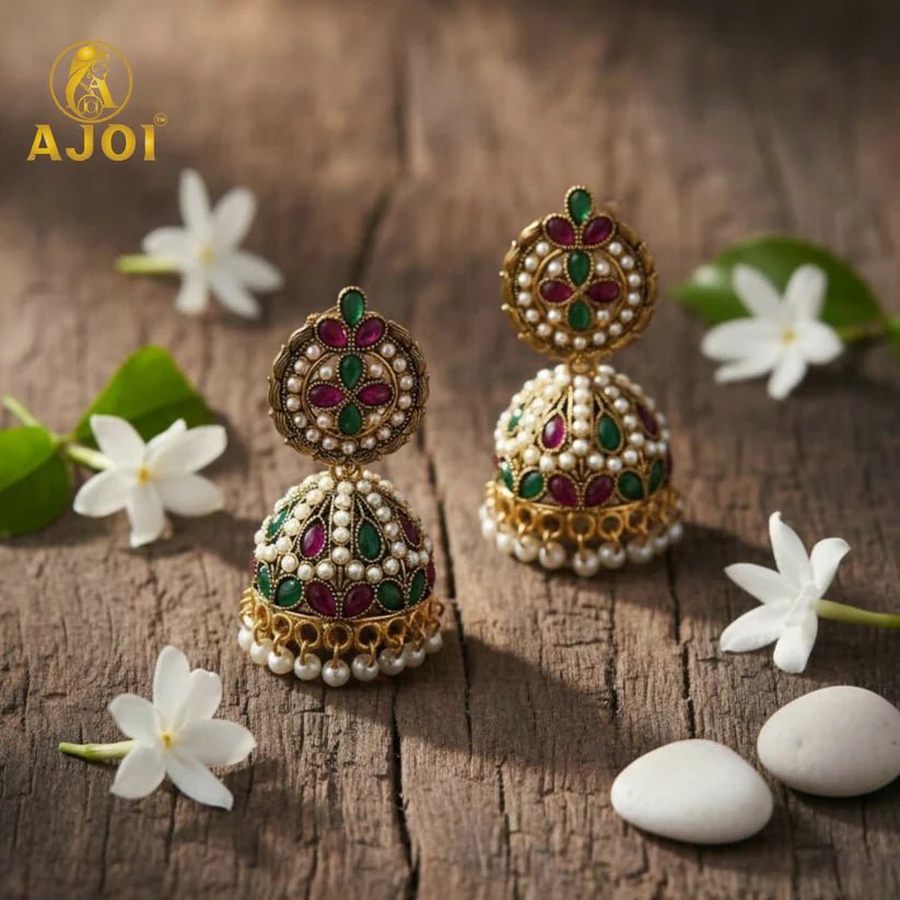 Exquisite Traditional Kundan Jhumka Earrings with Ruby & Emerald Stones, Handcrafted Gold - Tone Pearl Drop Bridal Jewellery - Kala Jewels