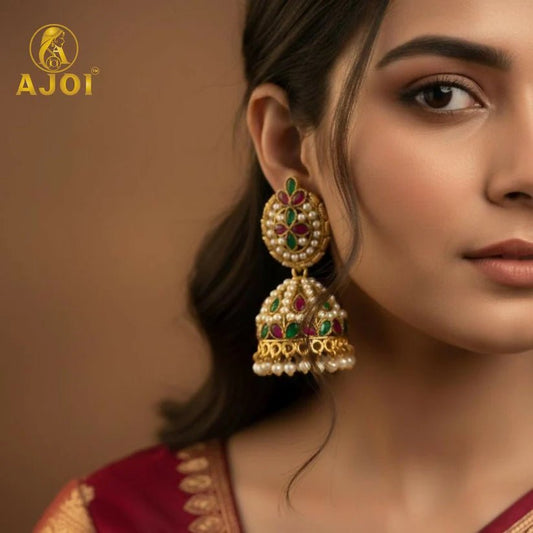 Exquisite Traditional Kundan Jhumka Earrings with Ruby & Emerald Stones, Handcrafted Gold - Tone Pearl Drop Bridal Jewellery - Kala Jewels