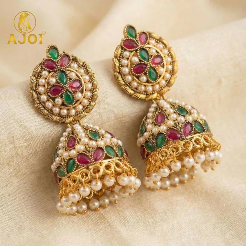 Exquisite Traditional Kundan Jhumka Earrings with Ruby & Emerald Stones, Handcrafted Gold - Tone Pearl Drop Bridal Jewellery - Kala Jewels