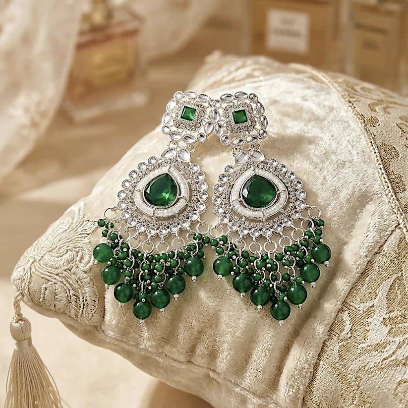 Green Stone Chandelier Earrings - Kala Jewels