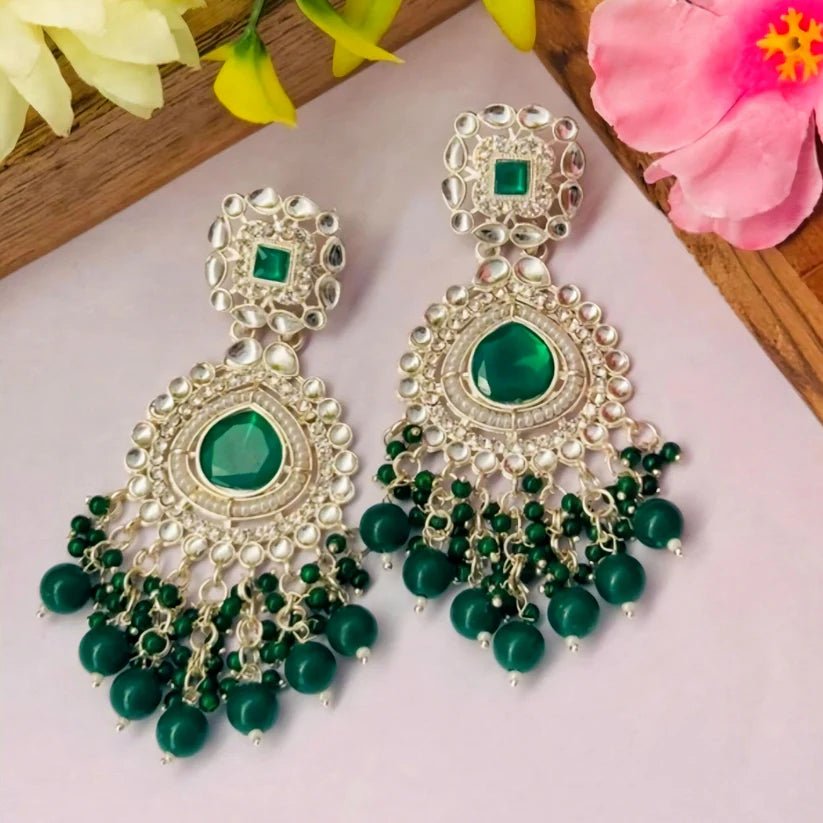 Green Stone Chandelier Earrings - Kala Jewels