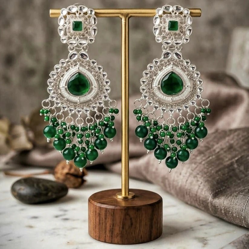 Green Stone Chandelier Earrings - Kala Jewels