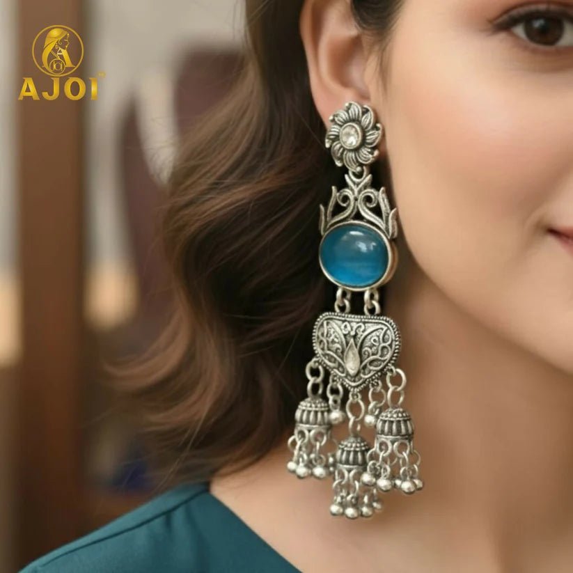 Handcrafted Oxidized Silver Turquoise Stone Jhumka Earrings with Intricate Filigree Work and Multi - Drop Danglers - Kala Jewels