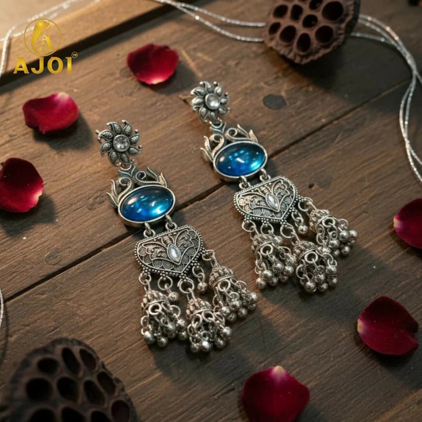Handcrafted Oxidized Silver Turquoise Stone Jhumka Earrings with Intricate Filigree Work and Multi - Drop Danglers - Kala Jewels