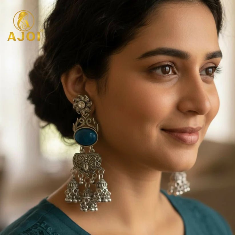 Handcrafted Oxidized Silver Turquoise Stone Jhumka Earrings with Intricate Filigree Work and Multi - Drop Danglers - Kala Jewels