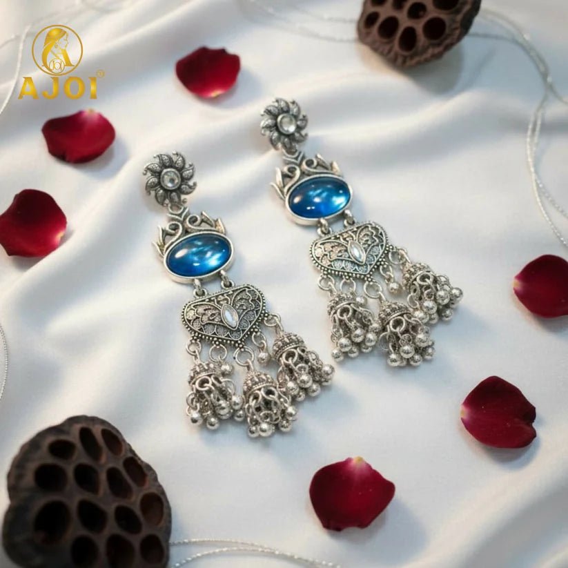 Handcrafted Oxidized Silver Turquoise Stone Jhumka Earrings with Intricate Filigree Work and Multi - Drop Danglers - Kala Jewels