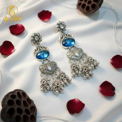 Handcrafted Oxidized Silver Turquoise Stone Jhumka Earrings with Intricate Filigree Work and Multi - Drop Danglers - Kala Jewels