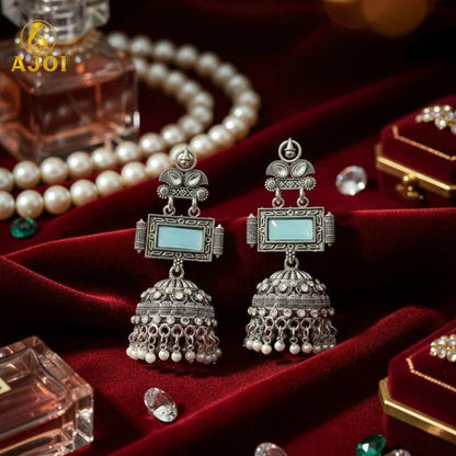 Heritage Royal Oxidized Silver Jhumka Earrings with Aqua Stone Earring - Kala Jewels