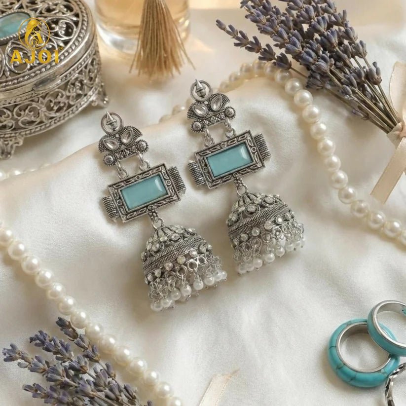 Heritage Royal Oxidized Silver Jhumka Earrings with Aqua Stone Earring - Kala Jewels