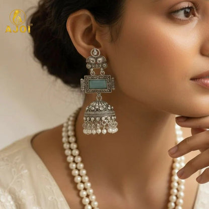 Heritage Royal Oxidized Silver Jhumka Earrings with Aqua Stone Earring - Kala Jewels