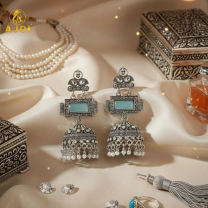 Heritage Royal Oxidized Silver Jhumka Earrings with Aqua Stone Earring - Kala Jewels