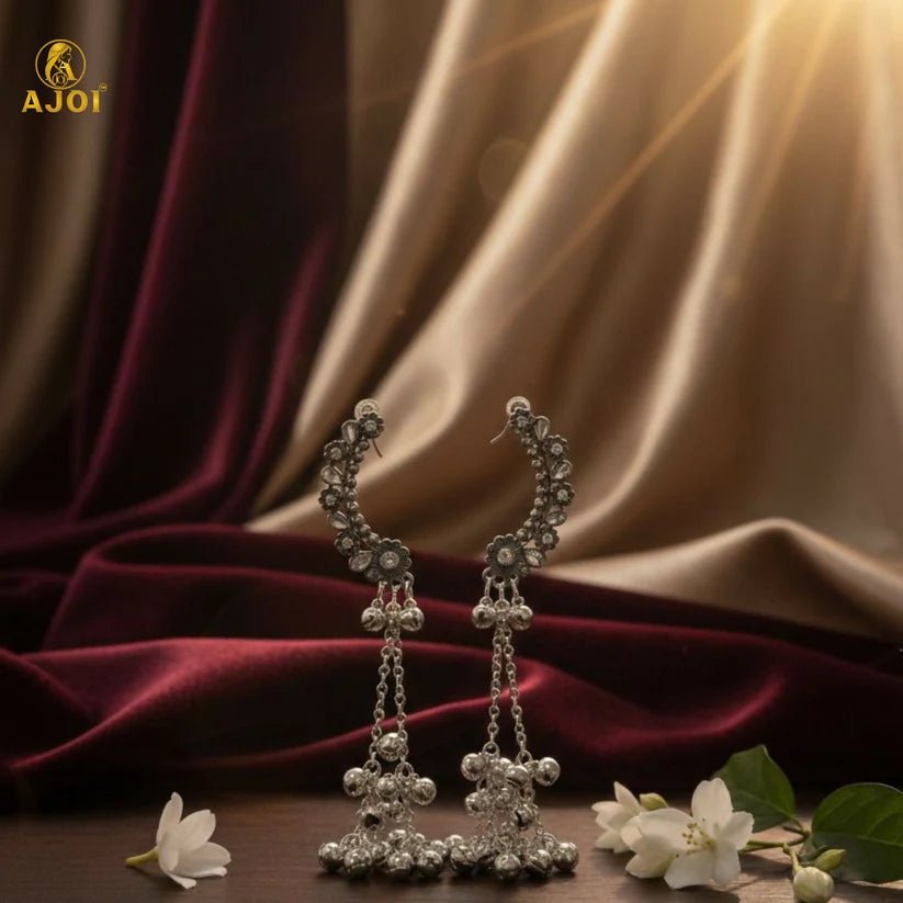 Kashmiri Silver Oxidised Chand Bali Jhumka Earrings with Ghungroo Dangles for Women - Kala Jewels