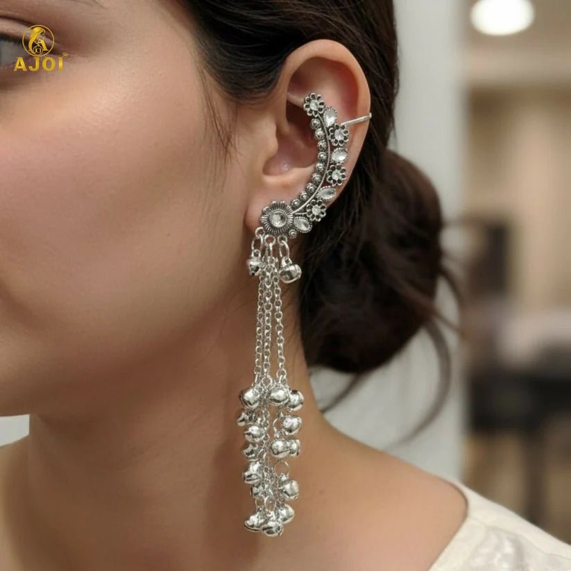 Kashmiri Silver Oxidised Chand Bali Jhumka Earrings with Ghungroo Dangles for Women - Kala Jewels