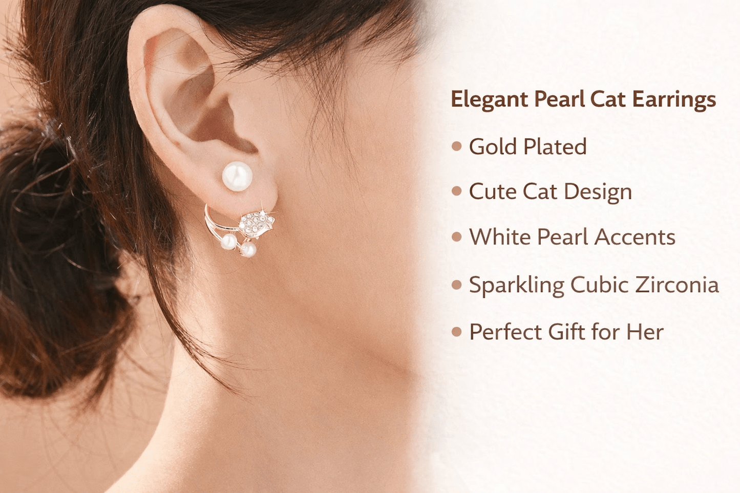 Korean Pearl Cat Designer Earrings – Elegant Gold Plated Cute Studs - Kala Jewels