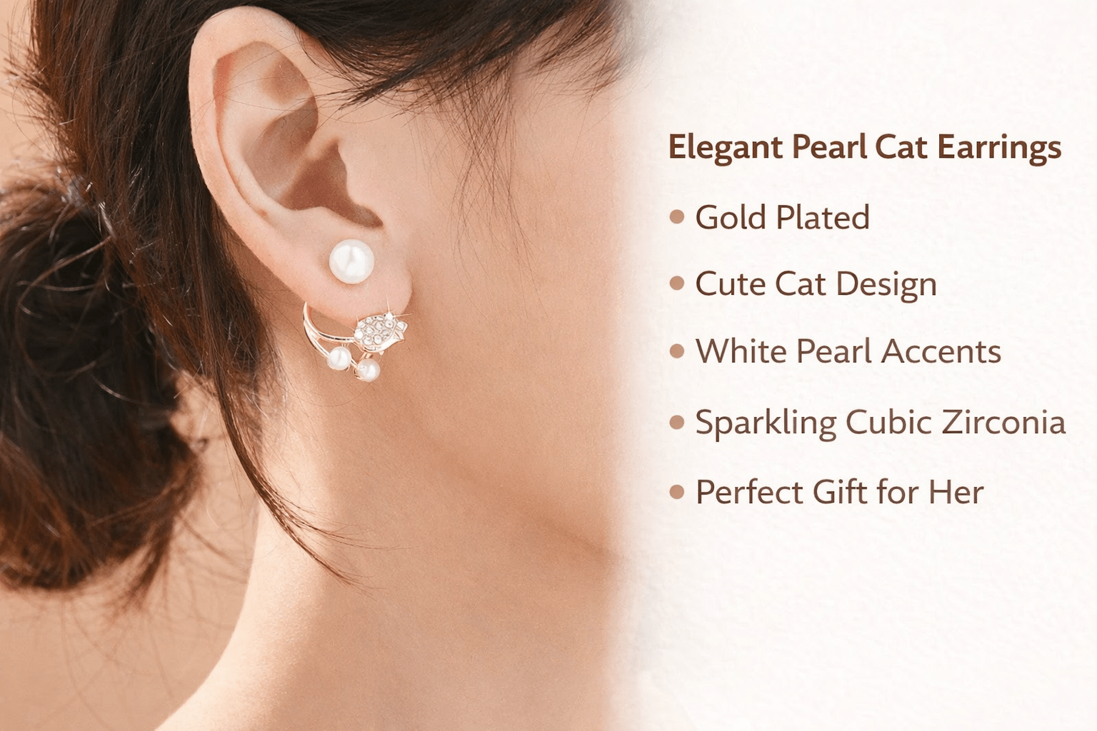 Korean Pearl Cat Designer Earrings – Elegant Gold Plated Cute Studs - Kala Jewels